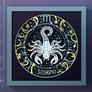 Modèle de boîte d'ombre du signe du zodiaque Scorpion SVG, Scorpion, étoiles, signe astrologie 3D SVG boîte d'ombre, papier cartonné en couches découpé pour Cricut