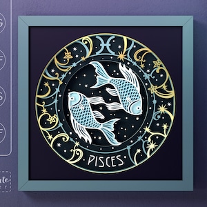 Signe du zodiaque poissons SVG Shadow Box modèle, poissons, étoiles signe astrologique 3D SVG Shadow box, céleste couches papier cartonné découpé pour Cricut