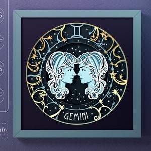 Sternzeichen Zwillinge SVG Schatten Box Vorlage, Zwillinge Sterne, himmlische 3D SVG Schatten Box, Astrologie Design Karton Papierschnitt für Cricut