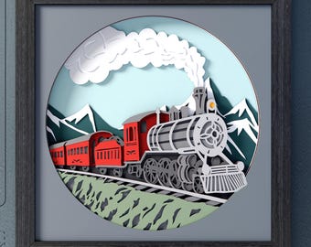 Steam Train Shadow Box SVG Template: Locomotive Layered Paper Cut