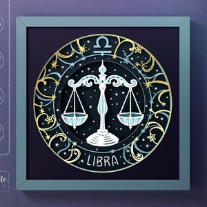 Modèle de boîte d'ombre du signe du zodiaque balance SVG, échelle, étoiles, conception de boîte d'ombre céleste 3D SVG, papier cartonné astrologie découpé pour Cricut