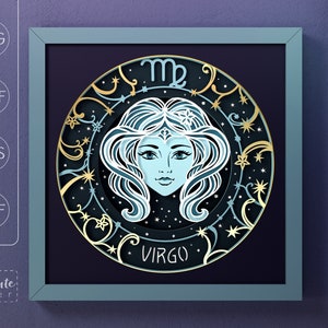 Modelo de caixa de sombra SVG signo do zodíaco Virgem, menina, estrelas, caixa de sombra 3D SVG signo astrológico, papel cartão em camadas celestial cortado para Cricut