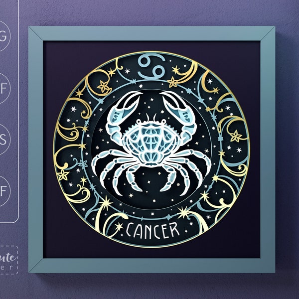 Modèle de boîte d'ombre du signe du zodiaque Cancer SVG, étoiles, conception céleste 3D boîte d'ombre de SVG, signe de l'astrologie en couches de papier cartonné découpé pour Cricut