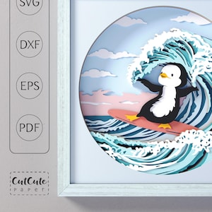 Modèle de boîte de surf pingouin SVG, pingouin sur une vague Shadowbox 3D SVG, vacances d'été, papier cartonné en couches découpé pour Cricut