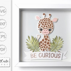 Modèle SVG girafe Shadow Box, soyez curieux, papier découpé en couches pour chambre d'enfant, art mural Sadowbox pour Cricut et Silhouette, bricolage cadeau de baby shower