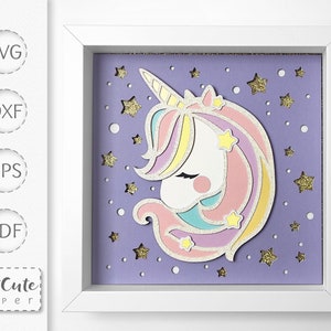 Unicorn Shadow Box SVG Template, Layered SVG Paper Cut Nursery Wall Art Sadowbox per Cricut e Silhouette, DIY Child Room Decor