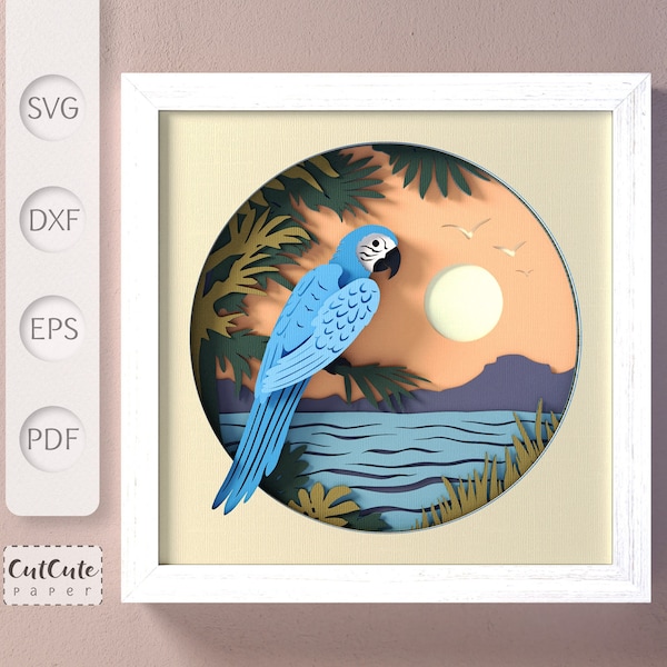 Blue Parrot SVG Shadow Box Template, Tropical Bird Flowers and Leaves, 3D SVG Shadowbox, Layered Cardstock Project for Cricut