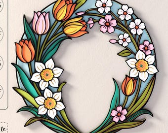 Layered Spring Flowers Wreath SVG, Tulip Daffodil Cardstock Cut File (Digital Download)