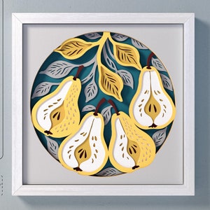 Modello Shadow Box SVG pere, arte murale fai da te in 3D SVG per cucina, carta cartoncino a strati tagliata per Cricut, decorazioni per cucina