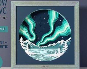 Aurora Borealis Shadow Box SVG | Nordic Winter Mountain Scene Layered Cut File (9x9 Inch)