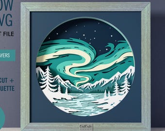 Northern Lights Shadow Box SVG | Aurora Landscape Layered Cut File (9x9 Inch)
