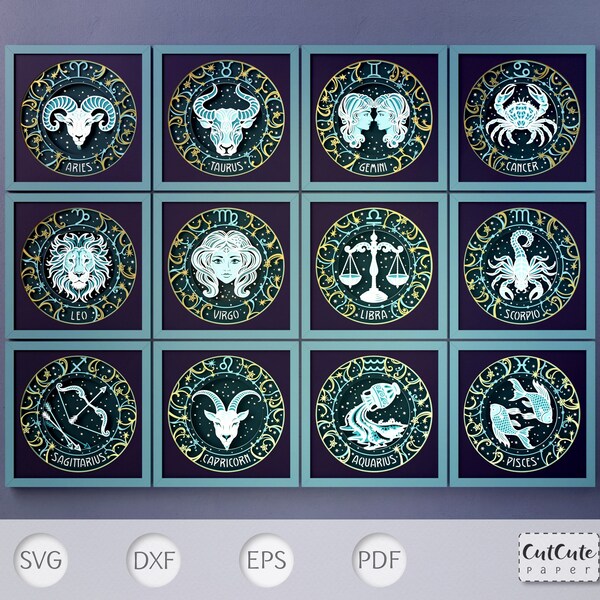 Zodiac Signs SVG Shadow Box Templates Bundle, All 12 Signs Stars, Astrology signs 3D SVG Shadow box, Celestial Cardstock Cut file for Cricut