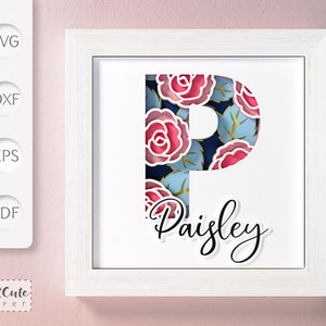 Plantilla SVG de caja de sombra con monograma floral letra P, decoración de pared recortada en papel en capas personalizable con SVG 3D, archivos de corte Sadowbox