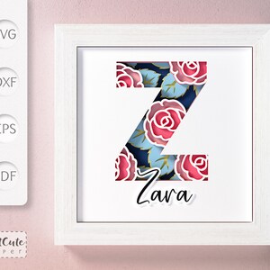 Plantilla SVG de caja de sombra con monograma floral letra Z, decoración de pared recortada en papel en capas personalizable con SVG 3D, archivos de corte Sadowbox