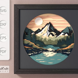 Mountain Sunset Shadow Box SVG Template, 3D SVG Shadowbox, DIY Cabin Wall Decor, Layered Cardstock Project for Cricut, Lake Sunset