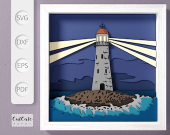 May include: A papercraft model of a lighthouse with a white tower and red roof, shining a beam of light over a blue ocean with white waves. The lighthouse is on a small brown island.