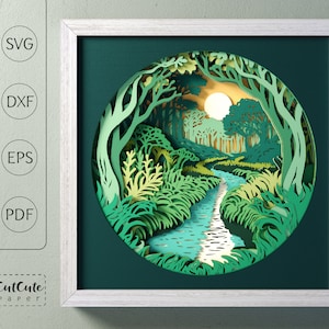 Plantilla SVG de caja de sombras de paisaje de río, caja de sombras SVG 3D, decoración de pared de cabaña de bricolaje, papel de cartulina en capas cortado para Cricut y Silhouette