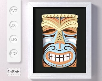 Tribal Tiki Mask Shadow Box Template: Layered Paper Cut (SVG, DXF, PDF)