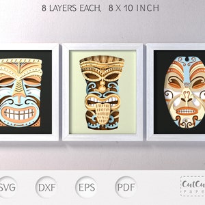 Tiki Totems Tribal SVG Shadow Box modèles 20 x 10 pouces, Tiki 3D SVG Shadowbox, papier cartonné en couches découpé pour Cricut, lot de 3 modèles SVG