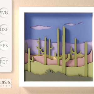 Arizona Landscape Shadow Box SVG Template, Cactus 3D SVG Shadowbox, DIY Wall Decor,, Layered Cardstock Paper Cut for Cricut & Silhouette
