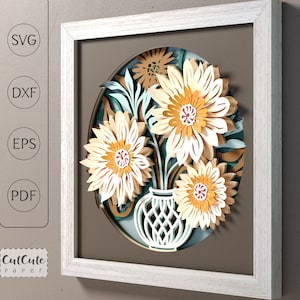 Bouquet de fleurs SVG Shadow Box modèle, fleurs dans un vase 3D SVG Shadowbox, projet de papier cartonné en couches pour Cricut