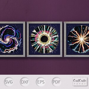 May include: Three framed digital art prints featuring abstract galaxy designs in shades of blue, purple, pink, yellow, and white. The designs are set against a dark blue background with white stars.