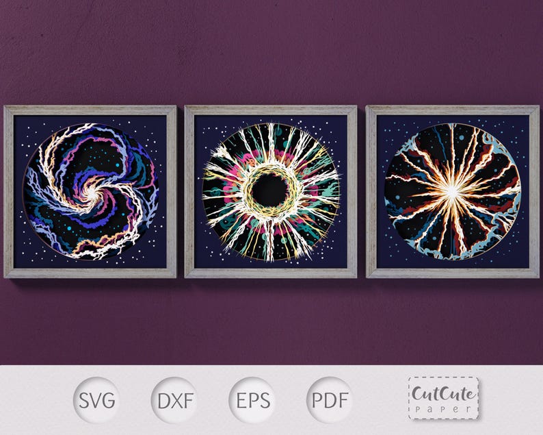 May include: Three framed digital art prints featuring abstract galaxy designs in shades of blue, purple, pink, yellow, and white. The designs are set against a dark blue background with white stars.