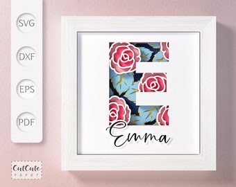 Shadow  Box SVG Template with Floral Monogram Letter E , 3D SVG diy Customizable Layered Paper Cut Wall Decor,  Sadowbox Cut Files