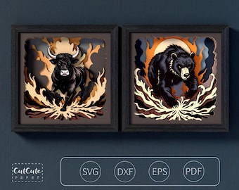 Layered Bull Bear SVG Bundle | Stock Market Wall Art, Shadow Box Templates (Digital Download)