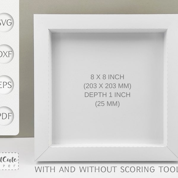 Shadow Box Frame 8x8 inch SVG Template - with and without scoring tool (dashed), DIY Cardstock Frame SVG for Cricut and Silhouette