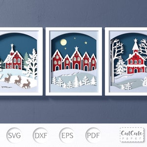 Village de Noël SVG Shadow Box modèles 20 x 10 pouces, maisons d'hiver 3D SVG Bundle, artisanat en papier cartonné en couches pour Cricut, rennes SVG