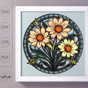 Modèle de boîte à ombres SVG Bouquet floral, vitrail fleurs 3D SVG Shadowbox, projet de papier cartonné en couches pour Cricut, décoration murale bricolage