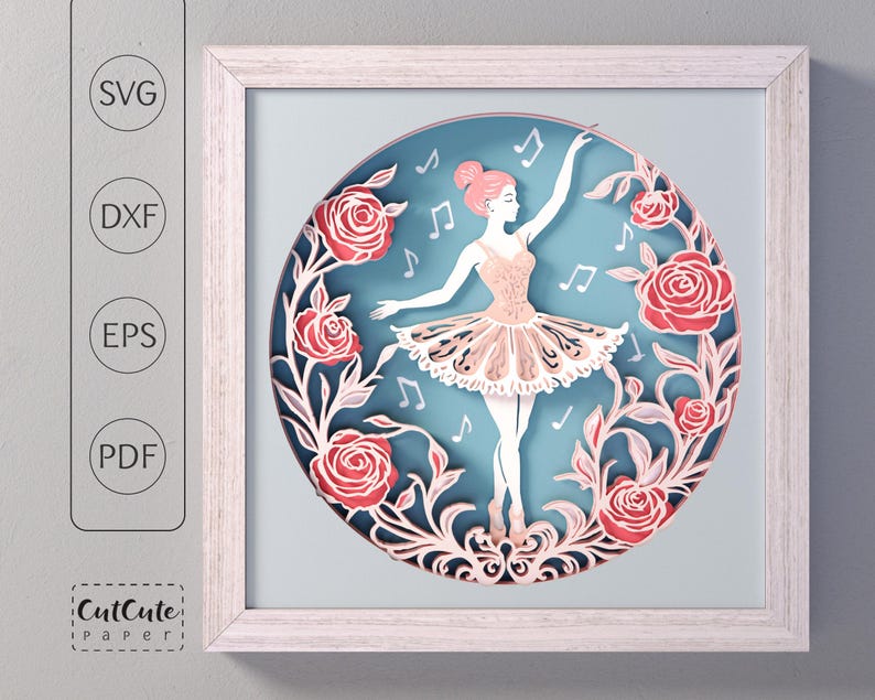 May include: A framed paper art piece depicting a ballerina in a pink tutu, encircled by red roses and musical notes. The artwork is set against a blue backdrop and includes the text "CutCute Paper" and file type options: SVG, DXF, EPS, and PDF.