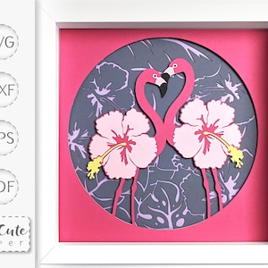 Szablon SVG Flamingo Shadow Box, 3D SVG Flowers Flamingo Couple Sadowbox dla Cricut i Silhouette, DIY Wall Decor, Hibiscus Heart