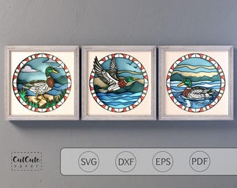 Mallard Duck Shadow Box SVG Bundle: Standing, Flying, Swimming Designs (9 inch) (Digital Download)