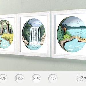 Lot de 3 Shadowbox rivière, lac et cascade, 3 modèles Shadowbox SVG 3D, papier découpé pour Cricut