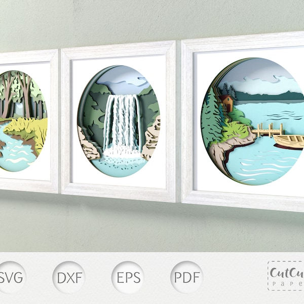 River, Lake and Waterfall Water Shadow Box Bundle, 3D SVG Shadowbox 3 Templates, Paper Cut for Cricut