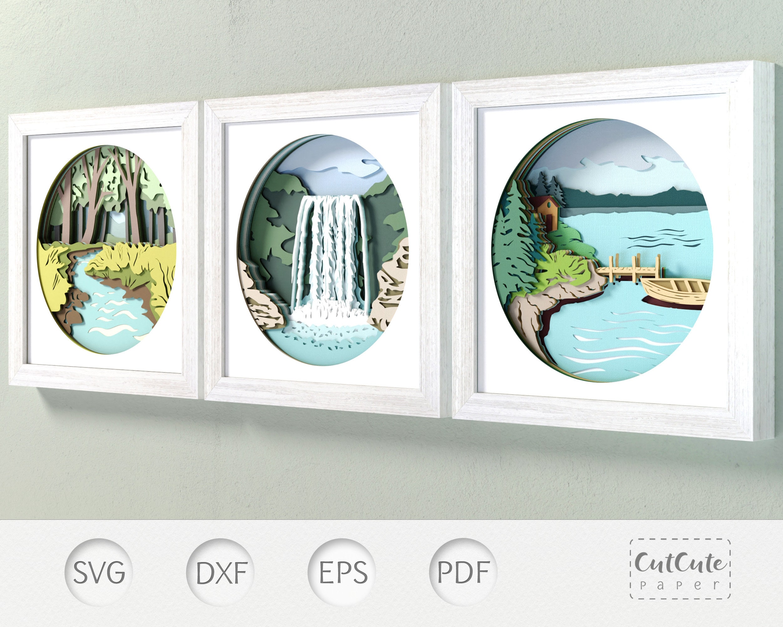 3D Fluss, See, Wasserfall Schattenbox Vorlagen: Papierschnitt SVG (Digitaler Download)