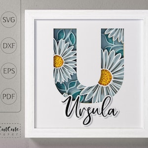 Plantilla SVG de caja de sombra con monograma floral letra U, decoración de pared recortada en papel en capas personalizable DIY con SVG 3D, archivos de corte de caja de sombra de margaritas
