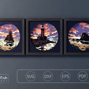 Coastal Shadow Box SVG Bundle, Ocean Sunset Layered Paper Cut Files ...