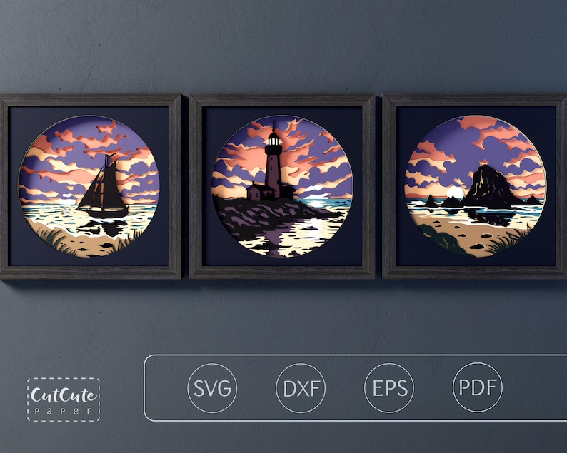 Coastal Shadow Box SVG Bundle, Ocean Sunset Layered Paper Cut Files ...
