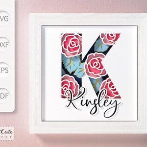 Modello SVG per Shadow Box con monogramma floreale lettera K, decorazione da parete fai da te personalizzabile in formato SVG a strati, file di taglio Sadowbox