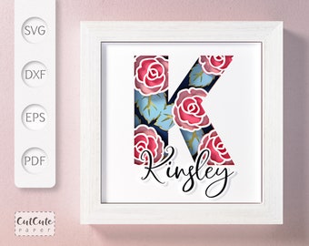 Shadow  Box SVG Template with Floral Monogram Letter K , 3D SVG diy Customizable Layered Paper Cut Wall Decor,  Sadowbox Cut Files