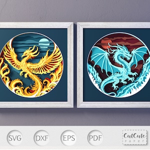 Ensemble Phoenix et Dragon SVG Shadow Box, lot de modèles, Shadow Box 3D SVG, projet de papier cartonné en couches pour Cricut