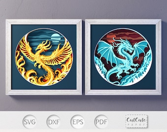 Phoenix & Dragon SVG Shadow Box Templates: Layered Paper Cut Files