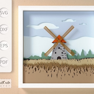 Moulin à vent SVG Shadowbox modèle, 3D SVG Shadowbox, décoration murale maison de campagne bricolage moulin à vent, papier cartonné en couches découpé pour Cricut, paysage