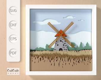 Windmill SVG Shadow Box Template: 3D Paper Cut Landscape (Digital Files)