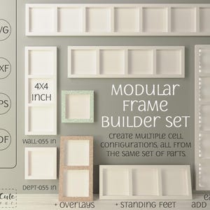 Puede incluir: Una colección de marcos de fotos modulares blancos en varias configuraciones. Los marcos incluyen diseños cuadrados y rectangulares, con el texto "MODULAR Frame BUILDER SET" y "4x4 INCH". El conjunto permite múltiples configuraciones.