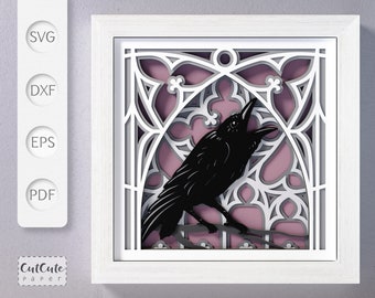 Raven Shadow Box SVG Template: Gothic Halloween Wall Art