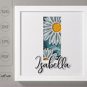 Plantilla SVG de caja de sombra con monograma floral letra I, decoración de pared recortada en papel en capas personalizable DIY con SVG 3D, archivos de corte de caja de sombra de margaritas